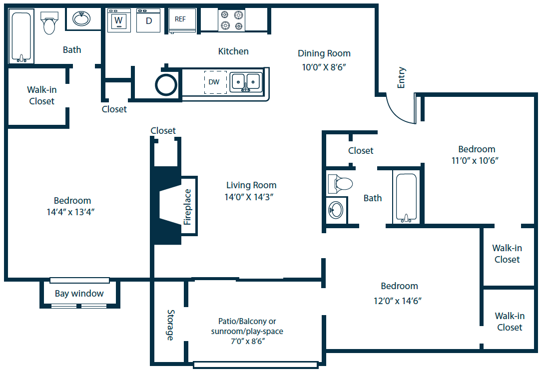 Floor plan for 3 beds, 2 baths, 1295 sqft